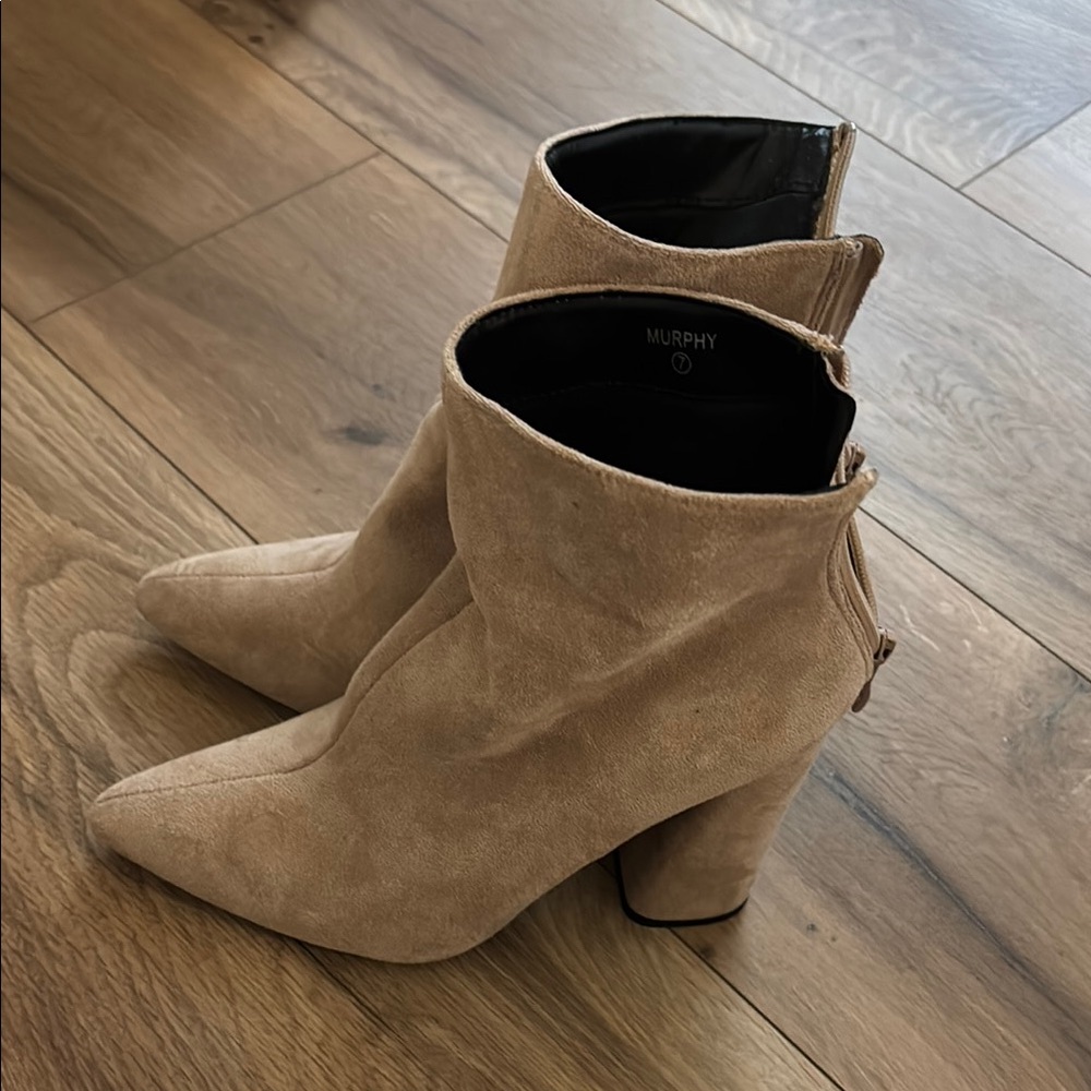 Tan Suede Heeled Boots with Block Heel